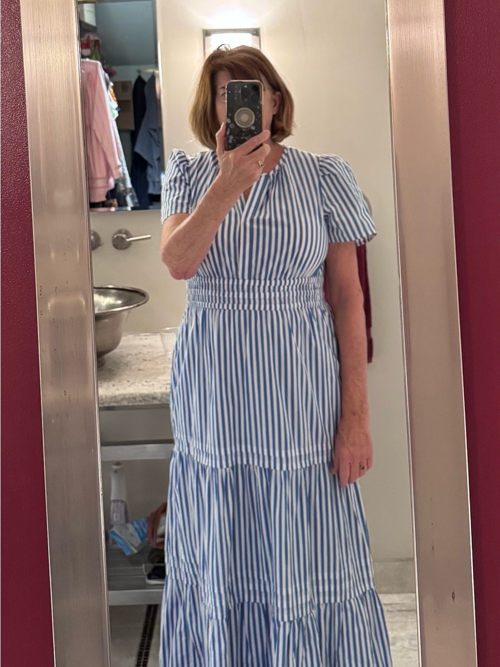 Quince Blue and White Vertical-Stripe Puff-Sleeve Maxi Dress